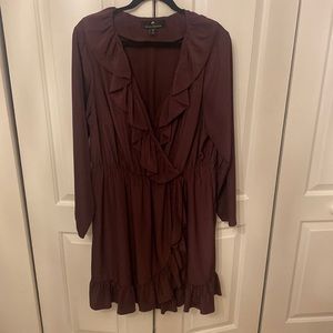 Plum faux wrap dress with ruffle detail